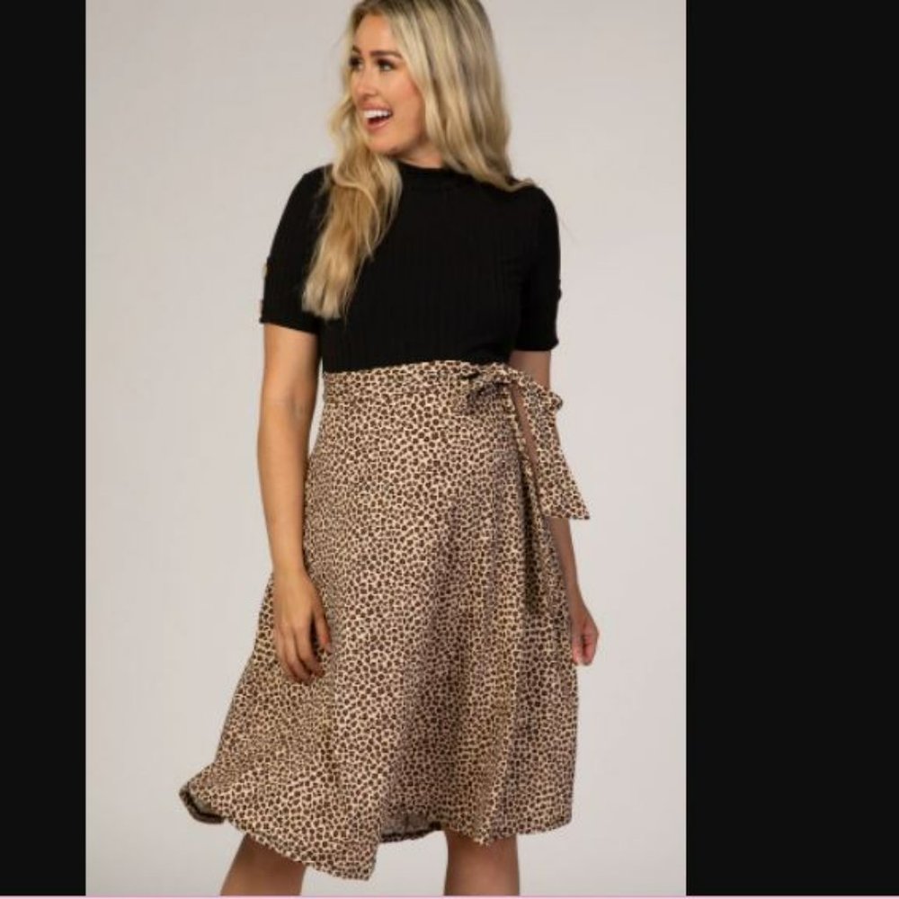 Black Leopard Animal Print Colorblock Maternity Dress - Picture 4 of 5